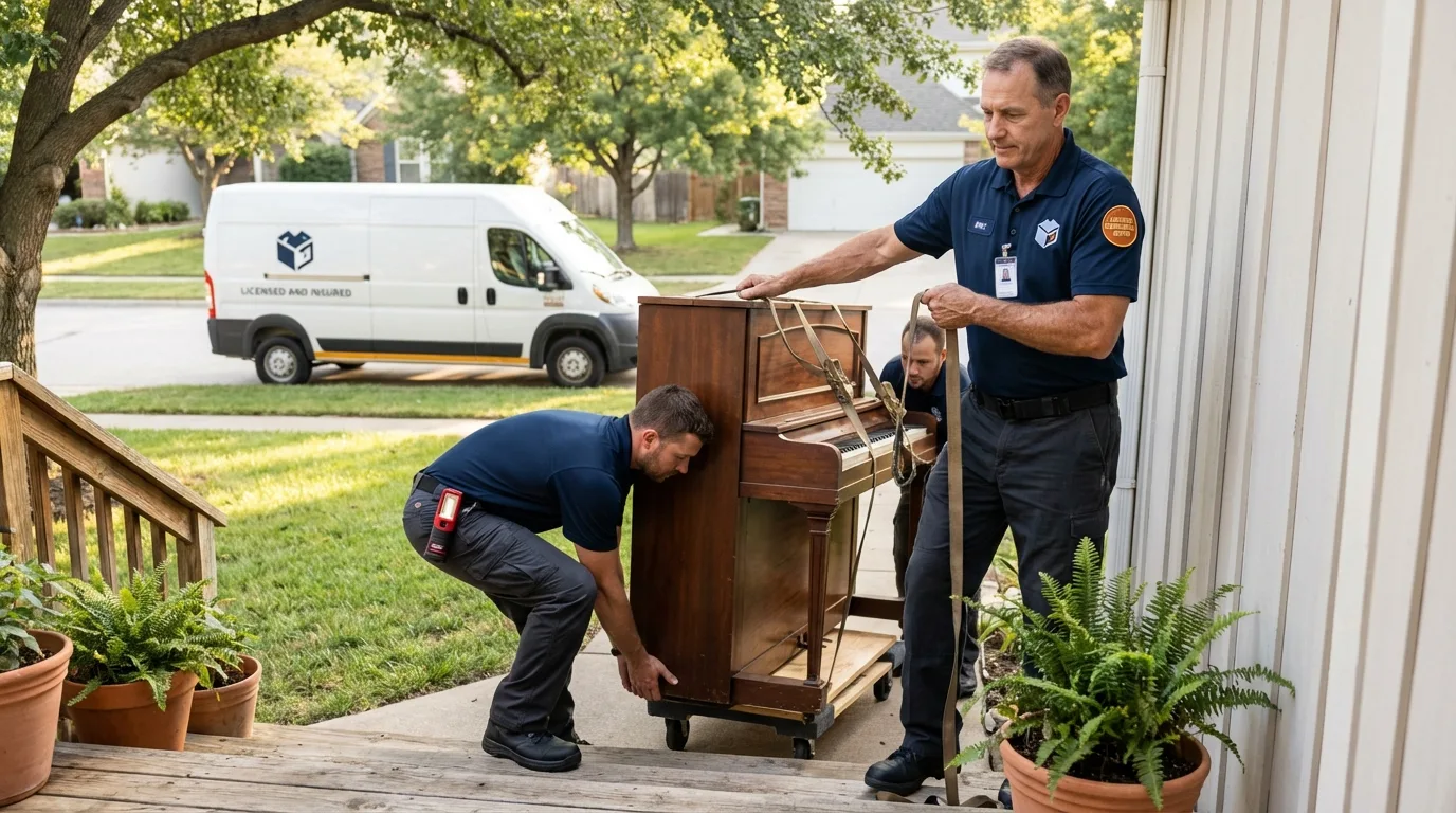 Licensed piano movers securing grand piano in Watertown, NY
