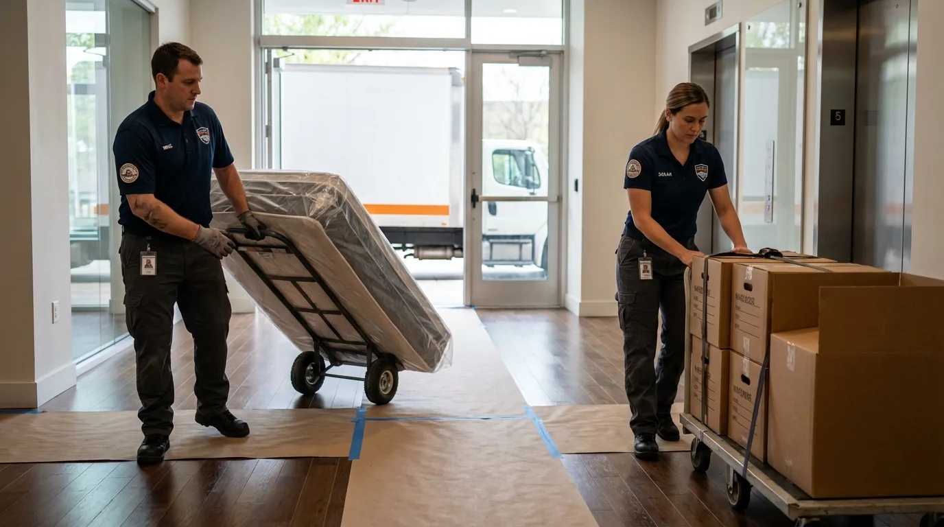 Professional apartment movers loading elevator in Watertown, NY